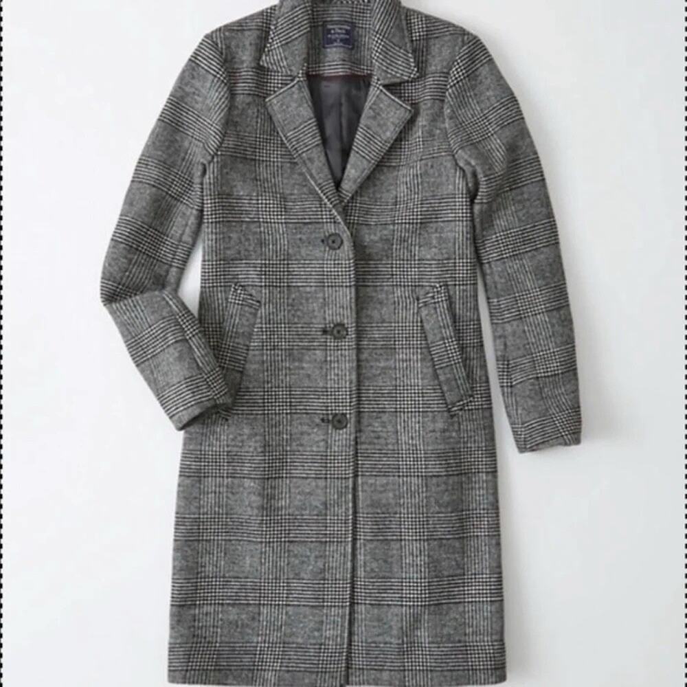 Abercrombie & Fitch Wool Blend Dad Coat Grey Plaid XS Long Overcoat